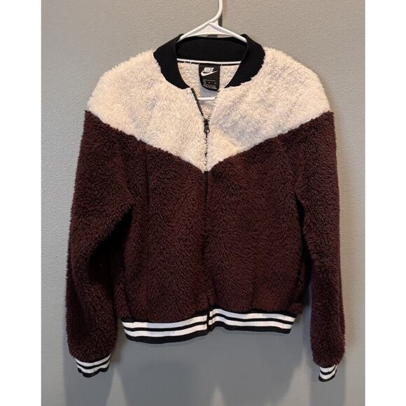 Nike Jacket Women's M Sherpa Fleece Colorblock White Maroon Zip-Up - Picture 1 of 4